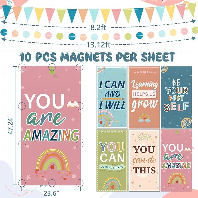 8Pcs Back to School Light Covers Decorations Set: 6Pcs Fluorescent Light Filters with 60 Magnets for Ceiling Colorful Triangle Dot Banner, Welcome First Day Decor for Classroom Office Party Supplies