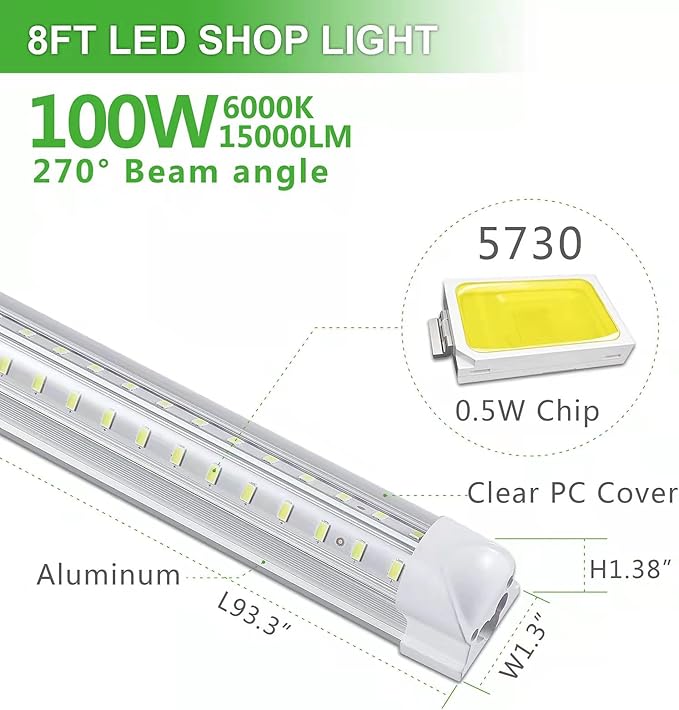 Skymoatled 4Pack 8FT LED Shop Light Garage Lights,100W 6000K 15000LM White Light,Hanging/Surface Mount,Plug and Play,Super Bright T8 Tube Light,Linkable LED Shop Lights for Warehouse Workshop Basement