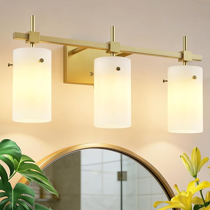 SOLFART 3-Light Bathroom Vanity Light, Modern Brushed Gold Wall Lights with Milky White Clear Glass Shades, Bathroom Wall Sconce Lamp for Mirror Living Room Bedroom Hallway (Bulbs Not Included)