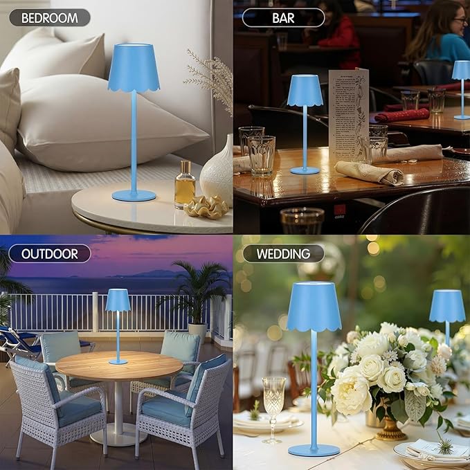 Pickmesh 1 Pack Scalloped Touch Cordless Table Lamp Rechargeable 4000mah Battery 3 Color Stepless Dimmable Portable LED Desk Light for Mahjong Gift Bedroom Wedding Bars Outdoor Party Home Decor(Blue)
