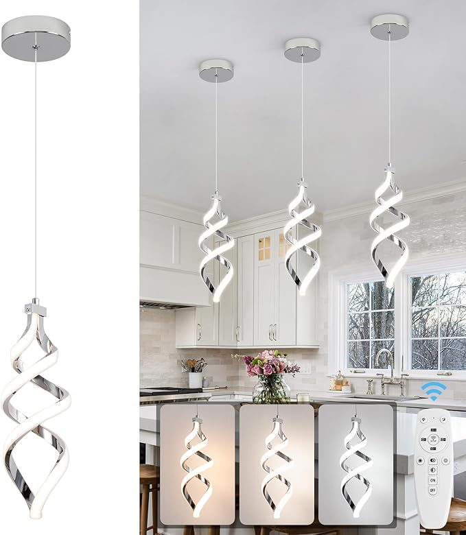 Modern Led Pendant Light Fixture, 15W Chrome Spiral Led Chandelier Hanging Lamp, 3000K-6000K, Dimmable Pendant Lamp, Adjustable Height Pendant Light for Kitchen Island Dining Room Bedroom Cafe