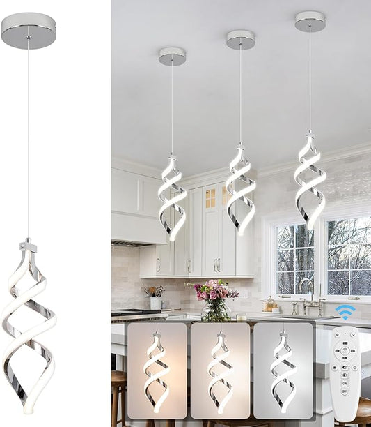 Modern Led Pendant Light Fixture, 15W Chrome Spiral Led Chandelier Hanging Lamp, 3000K-6000K, Dimmable Pendant Lamp, Adjustable Height Pendant Light for Kitchen Island Dining Room Bedroom Cafe