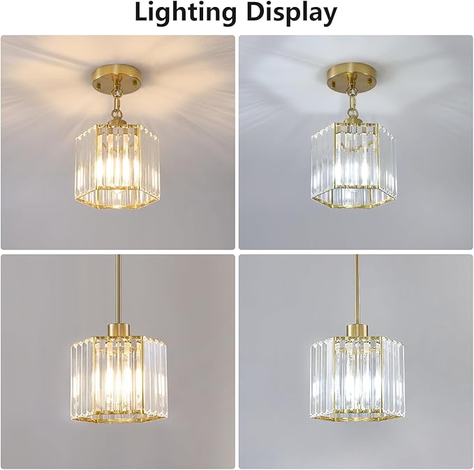 XSDeTu 1 Pack Gold Pendant Lights Kitchen Island, Modern Crystal Pendant Light Fixtures, 1-Light Small Farmhouse Chandelier, Adjustable Brass Hanging Light Fixture for Dining Room, Hallway, Bedroom