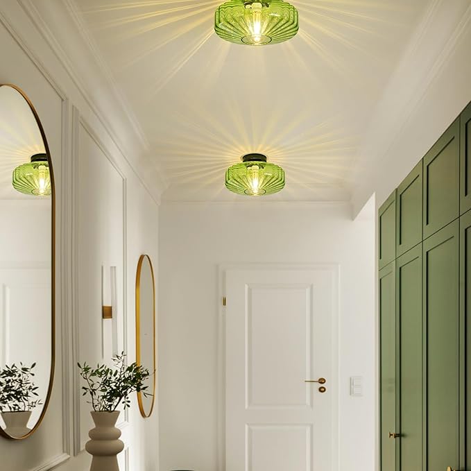 Glass Semi Flush Ceiling Lights - 12 in Vintage Mid Century Modern Lighting Fixture - Green Drum Unique Art Deco Mount Light Fixtures for Hallway Entry Way Hall Kitchen Dining Laundry Room Foyer Porch