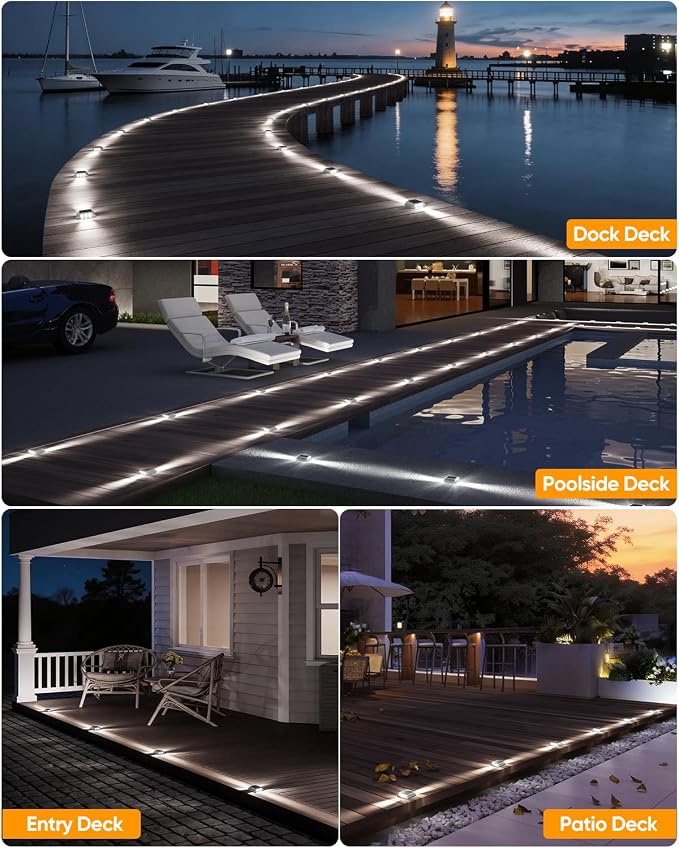 DetarZinLED Deck Lights Solar Powered, 12 Pack White Solar Pathway Driveway Light Outdoor IP68 Waterproof, Stick on & Screw Markers Deck Lights for Dock, Walkway, Sidewalk, Patio, Pool, Garden, Step