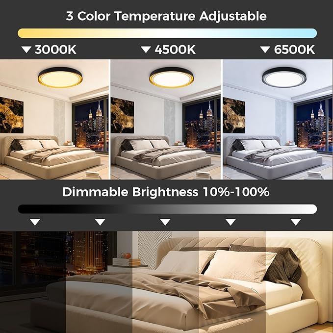 zemty 13in Morden Black LED Flush Mount Ceiling Lights with Remote, 3CCT/Dimmable, 24W 2400LM Light Fixture with Amber Night Light for Bedroom Bathroom Kitchen Basement-2 Pack