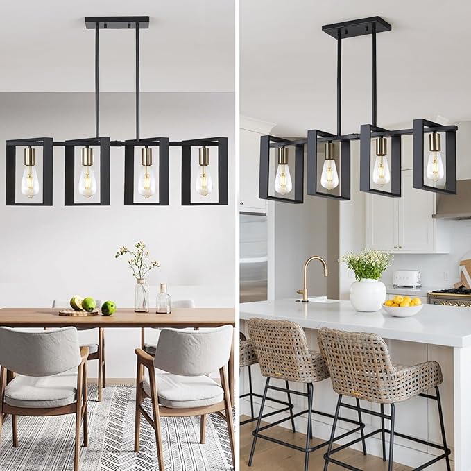 9MMML 4 Lights Wood Chandelier,Industrial Rectangle Linear Dining Room Pendant Light, Black Wood Frame+Gold E26 Socket,Kitchen Island Light for Hallway Bar Pool Table, Height Adjustable