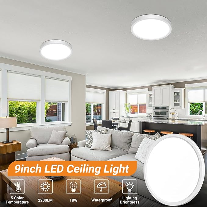 slochi 2Pack LED Flush Mount Ceiling Light Fixture, 9 Inch 18W, 2200LM, Super Slim 0.7 Inch, 3000K-6500K Adjustable Low Profile LED Ceiling Lights for Bathroom, Closet, Hallway(White)