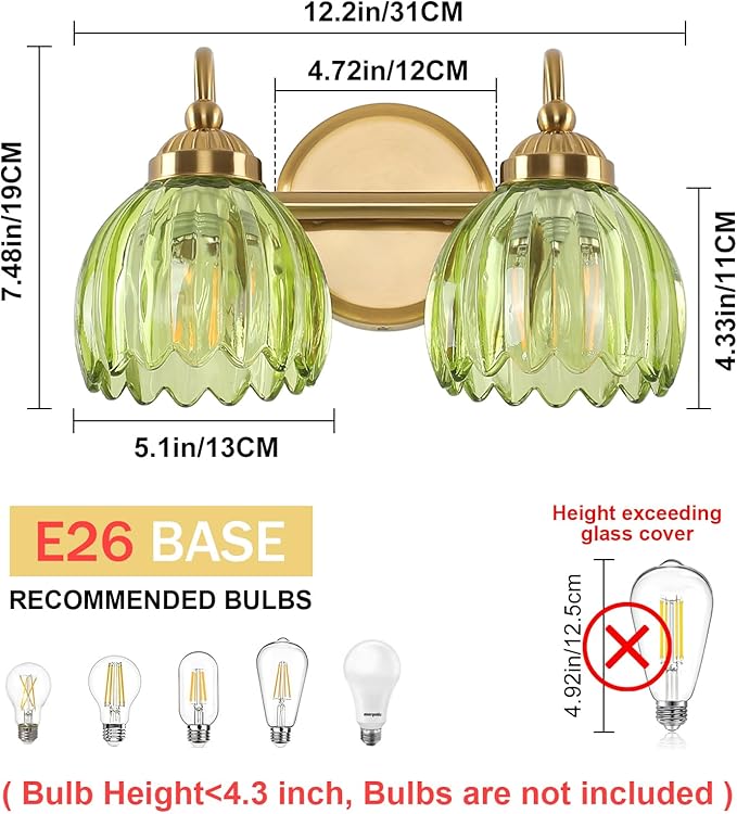 Vintage Bathroom Light Fixtures, Brass Vanity Lights with Green Tulip Glass Shade, Vanity Sconces for Bathroom Bedroom Living Room Hallway, 2-Light