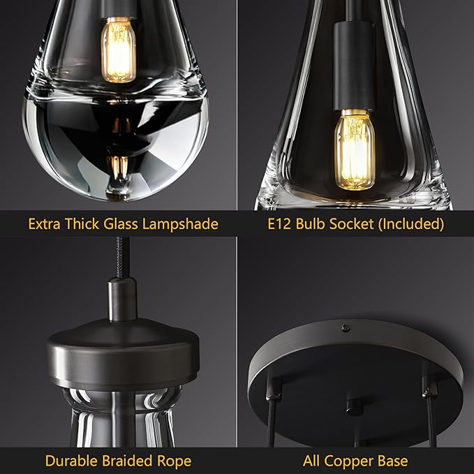 Raindrop Pendant Light Kithcen Island, Raindrop Chandelier Black Teardrop Pendant Lights with Adjustable Hanging Rope,Glass Pendant Light for Dining Room,Corridor (3-Light),Bulb Included