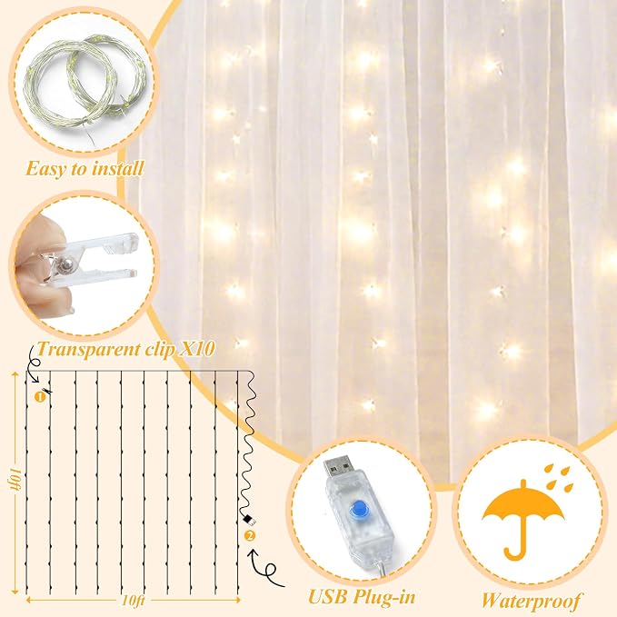 Ledido 3 Pack 10×8ft White Tulle Backdrop Curtains with Lights String - 900LED Fairy Lights Sheer Curtain Backdrop for Wedding Baby Shower Photo Shoot Birthday Party Decoration(6 Panels 5×8ft)，White