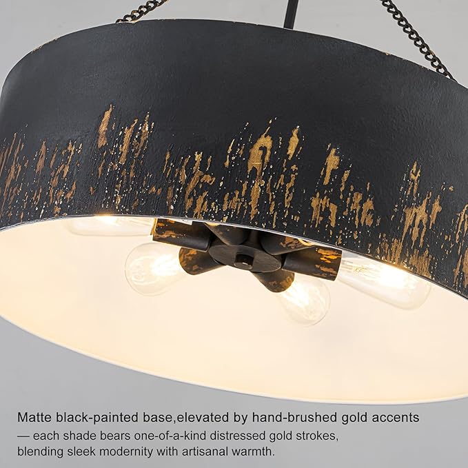 24" Matte Black Drum Chandelier,6-Light Modern Vintage Pendant Lights with Hand-Brushed Gold Finish,Adjustable Hanging Light Fixture for Dining Room,Kitchen Island,Living Room,Entryway