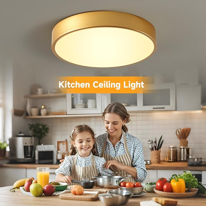 24W Dimmable Ceiling Light Fixture, 12 inch Flush Mount Light Fixture, LED Ceiling Lights Bedroom, Kitchen, Entryway, Super Bright 2700 Lumens, 300W Equivalent 5CCT(2700k-5000k) 2 Pack Gold