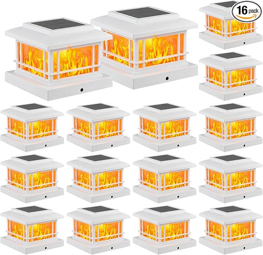 JOFIOS Flickering Flame Solar Post Cap Lights Outdoor, White Post Lights with 3 Color Temperature, Fits 3.5" 4" 4.5" 5" Wood/Vinyl Posts, IP64 Waterproof Fence Deck Lights for Garden Patio Yard 16Pack