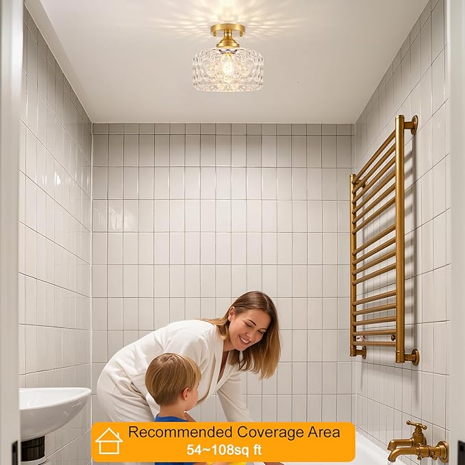 Small Semi Flush Mount Ceiling Light Fixture, Vintage Gold Close to Ceiling Lighting with Hammered Glass Shade for Hallway, Kitchen, Entryway (Retro Design, Easy Install)