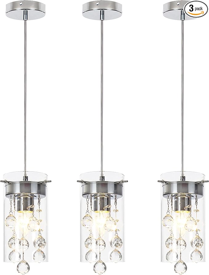 Crystal Pendant Light,Modern Kitchen Island Pendant,3 Pack Pendant Lights for Kitchen Island,Adjustable Chrome Pendant Light for Kitchen Dining Room Bedroom