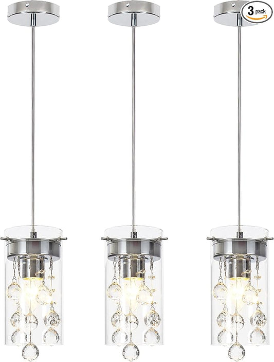 Crystal Pendant Light,Modern Kitchen Island Pendant,3 Pack Pendant Lights for Kitchen Island,Adjustable Chrome Pendant Light for Kitchen Dining Room Bedroom