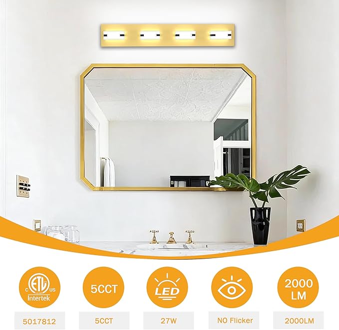 LED Bathroom Light Fixtures, 4-Light Modern Vanity Lights with Milky White Frosted Acrylic Shades, Gold Bathroom Lighting Fixtures Over Mirror, ETL Listed, 27W 5CCT Adjustable