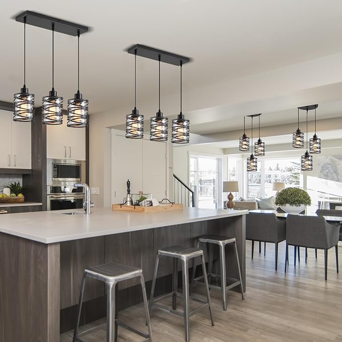 3 Light Pendant Lights Kitchen Island Black Pendant Light Fixtures Spiral Iron Kitchen Island Lighting with Clear Glass Shade Adjustable Hanging Light Fixtures