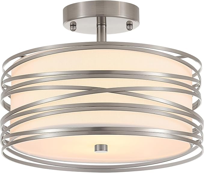 Drum Semi Flush Mount Ceiling Light Fixture, Chrome Matal & Linen Fabric Shade Ceiling Light, Modern Farmhouse Close to Ceiling Light for Bedroom, Hallway, Entryway, Dining Room, Laundry Room