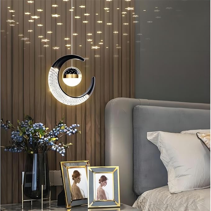 7.9-Inch Moon Shaped Star Bedside Pendant, Acrylic Pendant Light, Modern LED Pendant for Bedroom, Living Room - 2-Piece Set, Black Warm Light