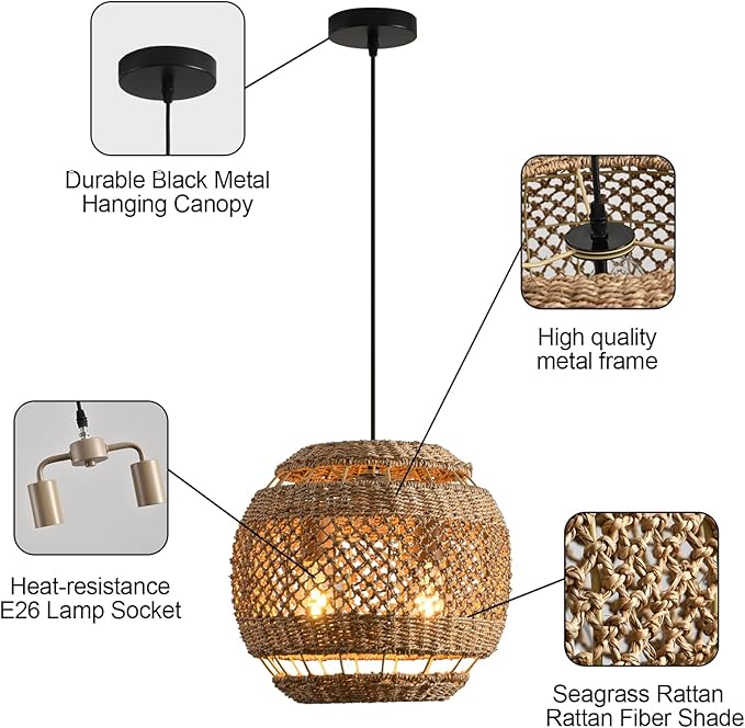 Rattan Pendant Light 13.78" Boho Wicker Seagrass Pendant Light Hand Woven Water Plants Rattan Chandelier for Dining Living Bedroom Kitchen Farmhouse