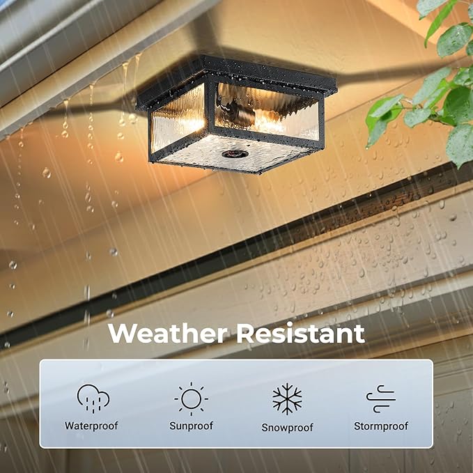 VIANIS Black Motion Sensor Outdoor Ceiling Light with Remote Control, Flush Mount Ceiling Lighting for Porch, Garage, Entryway, Adjustable Distance Time, 5 Modes, Water Ripple Glass, 2-Light(No Bulbs)