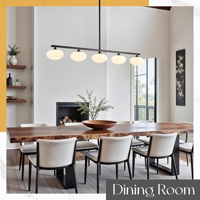 5-Light Linear Chandelier, Black Kitchen Island Light, Mid Century Globe Chandelier, Dining Room Light Fixture with Milk Glass Shades