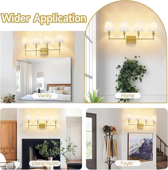 Bathroom Lights Over Mirror, 32.3 in 4-Light Bathroom Vanity Light, Brass Bathrooms Light Fixtures with Flared White Fabric Lampshade for Bedroom,Living Room,Dressing Table,Hardwired,E12 Base