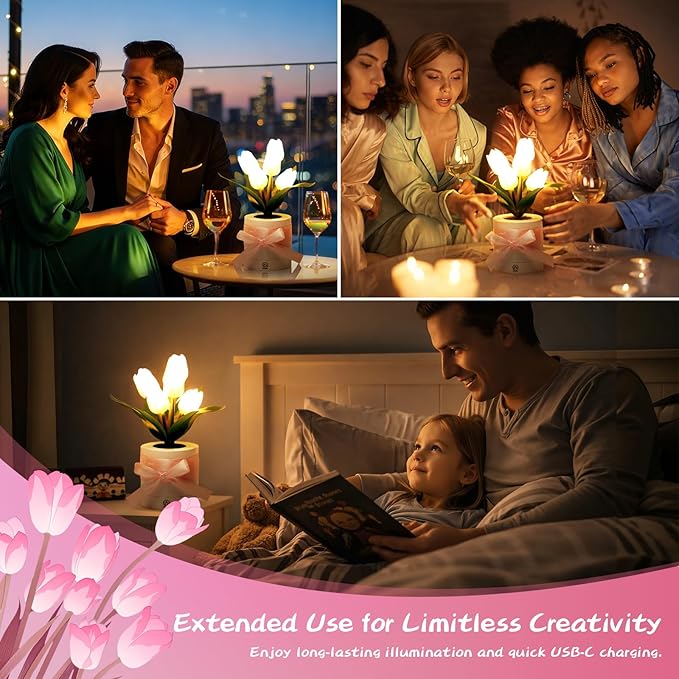 2 Sets Tulip Flower LED Lamp for Women Mothers Day Birthday Gifts for Mom, Wife Rechargeable Touch Desk LED Night Light 3-color Dimming with Card, Ribbon, Boxes for Table Centerpiece Decor