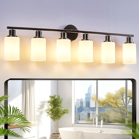 DLLT 6-Light Bathroom Light Fixtures: Black Modern Vanity Lights with E26 Bulbs - Milky White Glass Shade Bathroom Wall Lamp for Mirror Kitchen Living Room Hallway Cabinet Porch