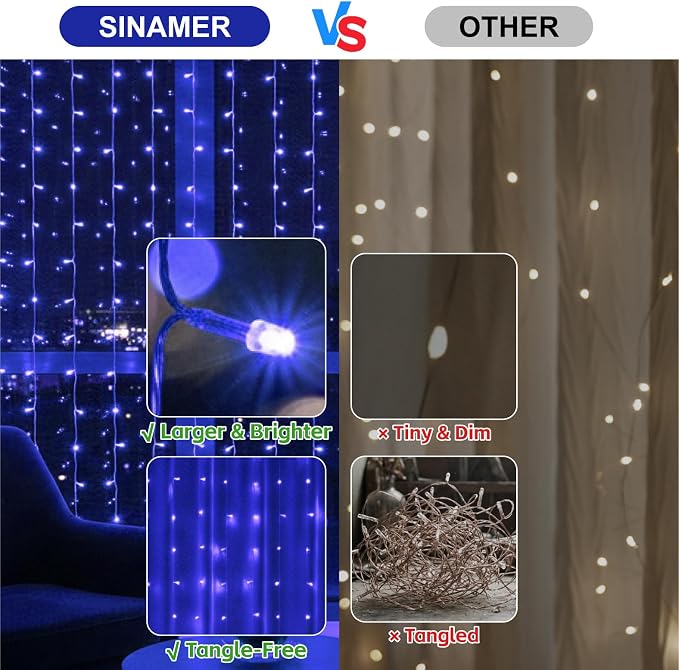 Curtain Light for Bedroom, 200LED 6.6x6.6ft Blue Window Wall Hanging Fairy Curtain String Light, 8 Modes Remote Fairy String Lights Indoor for Wedding Party Home Garden Decorations
