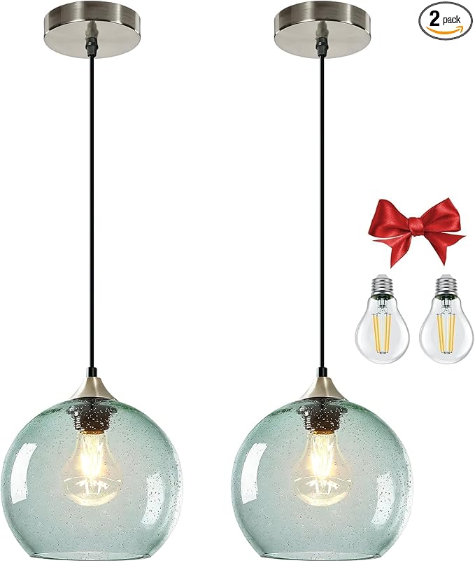 7.1in Medium Light Green Glass Pendant Light for Kitchen Island, 2-Pack with Extra LED Bulbs & 4.92ft Adjustable Cord | Modern Minimalist Lighting for Dining Room, Living Room, Entryway