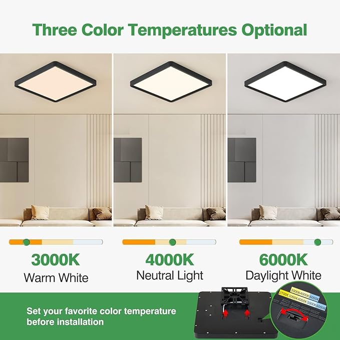 2PK 16 Inch Square LED Flush Mount Ceiling Light, 36W 3600LM, 3000K/4000K/6000K CCT Selectable, Super Slim Low Profile Ceiling Light Firxtue for Bedroom/Kitchen/Living room/Dinning room/Hallway, Black