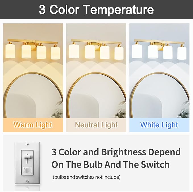 ZHU YAN 4-Light Bathroom Lighting Fixtures Over Mirror,Gold Bathroom Light Fixtures,Modern Wall Sconces Milky White Glass Shades for Bathroom Vanity Light,E26 Base