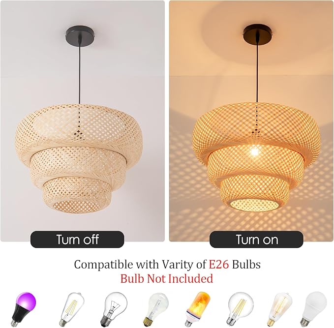 18.5" Bamboo Pendant Light,Boho Rattan Hanging Light 3-Tier Hand Woven Wicker Chandelier for Kitchen Island for Kitchen Island Dining Bedroom Living Room Restaurants