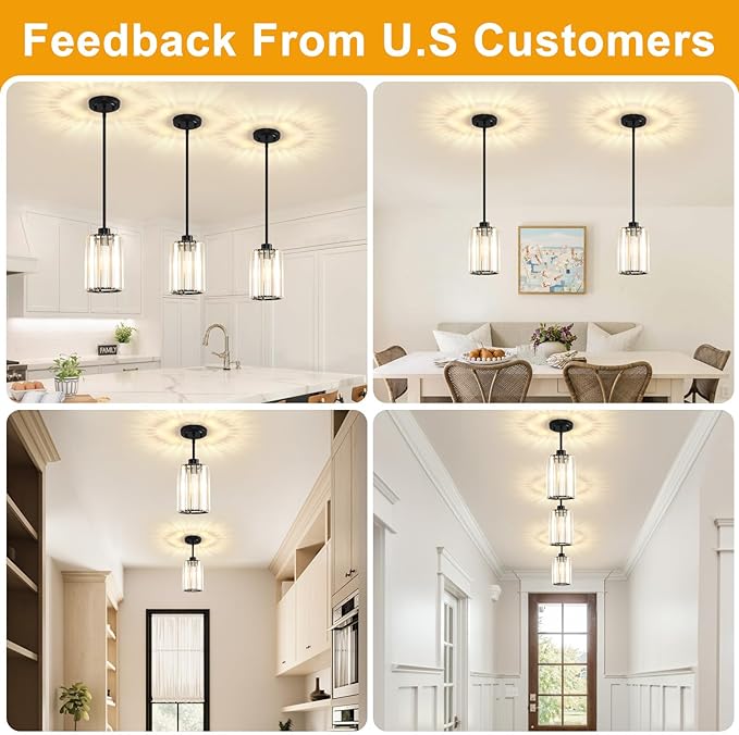 3 Pack Pendant Lights Kitchen Island, Modern Black Pendant Light Fixtures, Mini Chandelier Crystal Kitchen Island Lighting, Hanging Pendant Lights Fixture for Kitchen Island Dining Room Hallway Foyer
