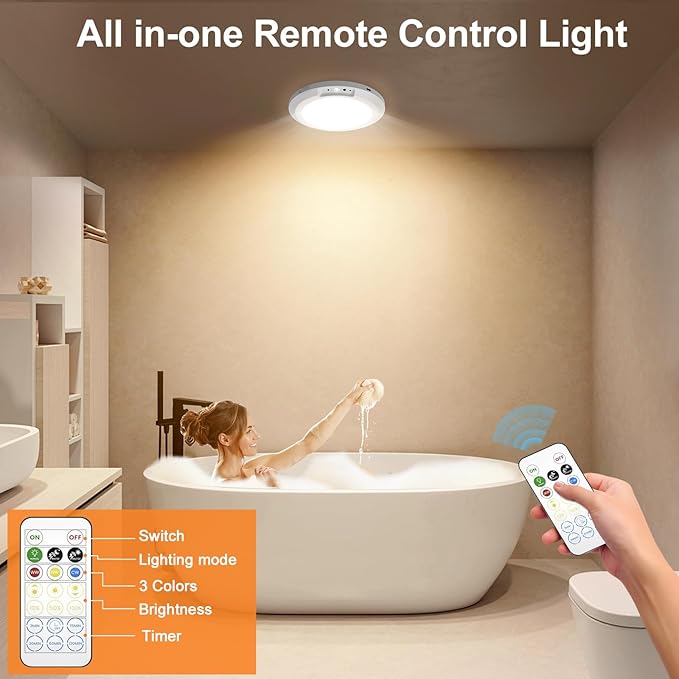 Yunaking 2 Pack Rechargeable Ceiling Light with Motion Sensor: Battery Operated LED Closet Light with Remote & Timing - Wireless Dimmable Magnetic Mount Shower Lamp for Bathroom/Stairs/Garage/Hallway