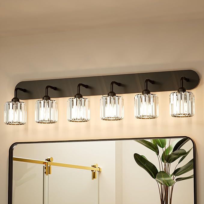 Keonjinn 6-Light Bathroom Light Fixtures, Crystal Black Bathroom Vanity Lights Over Mirror, Vanity Lighting Fixtures with Crystal Square Shades (E26 Socket, Exclude Bulb)