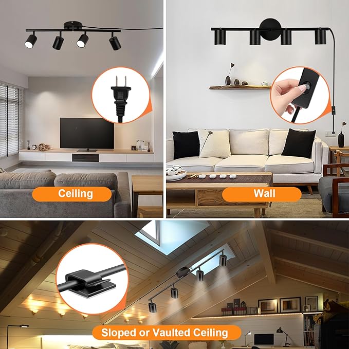Plug in Track Lighting Kit, 80cm LED 4 Light Kitchen Track Lighting, Corded Wall Light with 16.4ft Cord, 4 Way Ceiling Spot Lighting Flexibly Rotatable Head Includes 4 x GU10 Bulb (4-Black-80cm)