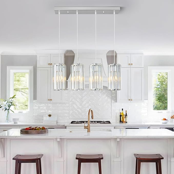 Chrome Pendant Lighting Modern Pendant Light, Mini Crystal Chandeliers,Adjustable Pendant Light Fixture for Kitchen Island Dinning Room Corridor Bedroom(Gold 4-Light)