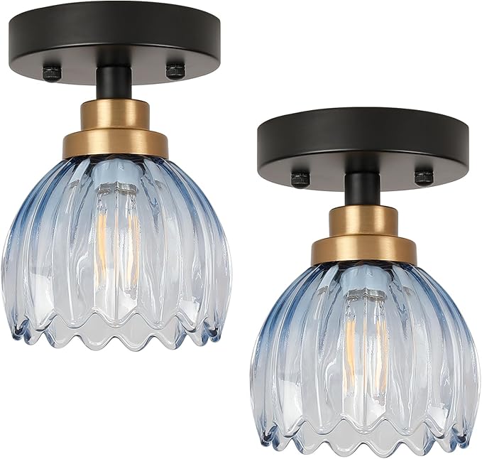 TALOYA Semi Flush Mount Ceiling Light,2 Pack Close to Ceiling Light Fixtures with Blue Tulip Glass Shades Modern Farmhouse Lighting Fixtures for Hallway Corridor Kitchen Bathroom Bedroom Passway