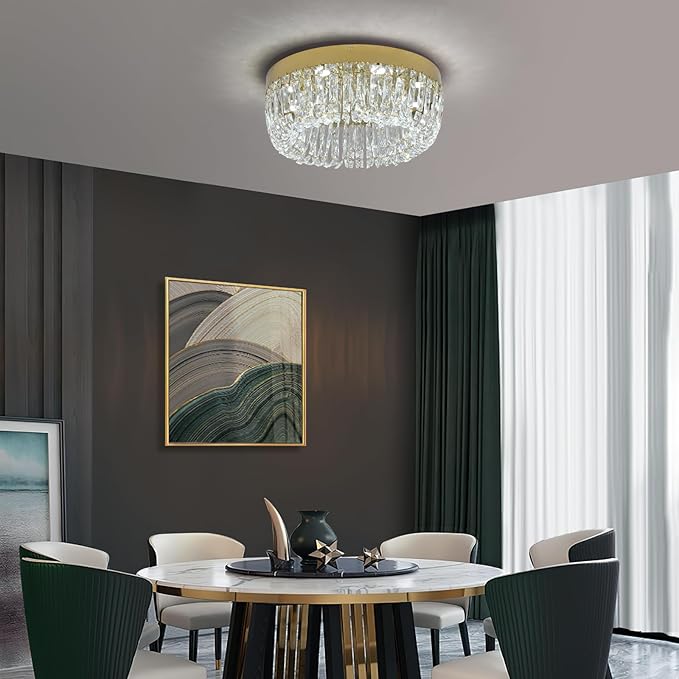 Deckrico Luxury Gold Crystal Chandelier Flush Mount Ceiling Light, 19.7" Modern LED Lighting Fixture for Bedroom Kitchen Dining Room Living Room
