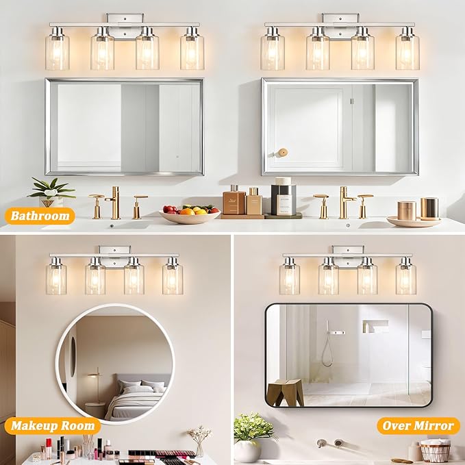 Unicozin 4-Light Bathroom Light Fixtures, Modern Vanity Lights with Clear Glass Shades, Brushed Nickel Bathroom Wall Lamp for Mirror Living Room Cabinet Bedroom