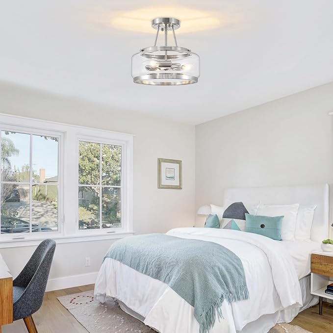 Brushed Nickel Modern Glass Ceiling Light, 3-Light Drum Semi Flush Mount Ceiling Light , Entryway Light Fixture, 11.81" Ceiling Lamp for Hallway Bedroom Laundry Room Dining Room Kitchen Light Fixtures