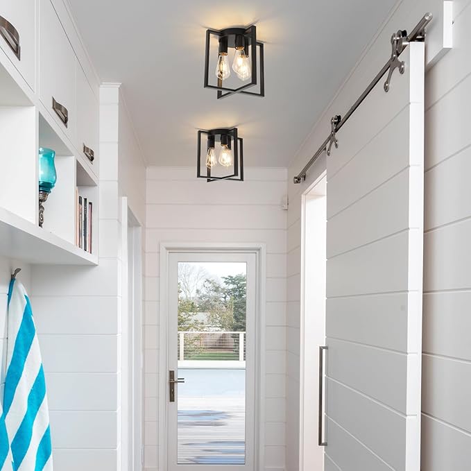 WILON Black Ceiling Light Fixture, 3-Light Modern Farmhouse Chandelier Industrial Semi Flush Mount for Hallway Bedroom Living Room Foyer Entryway Kitchen Hall Dining Laundry Office