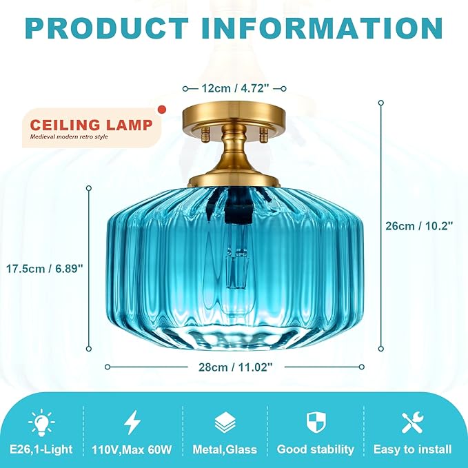 2 Pack Blue Glass Flush Mount Ceiling Light Fixture, 11.02" Gold Farmhouse Mid Century Modern Close to Ceiling Light for Entryway, Closet, Schoolhouse, E26 Base