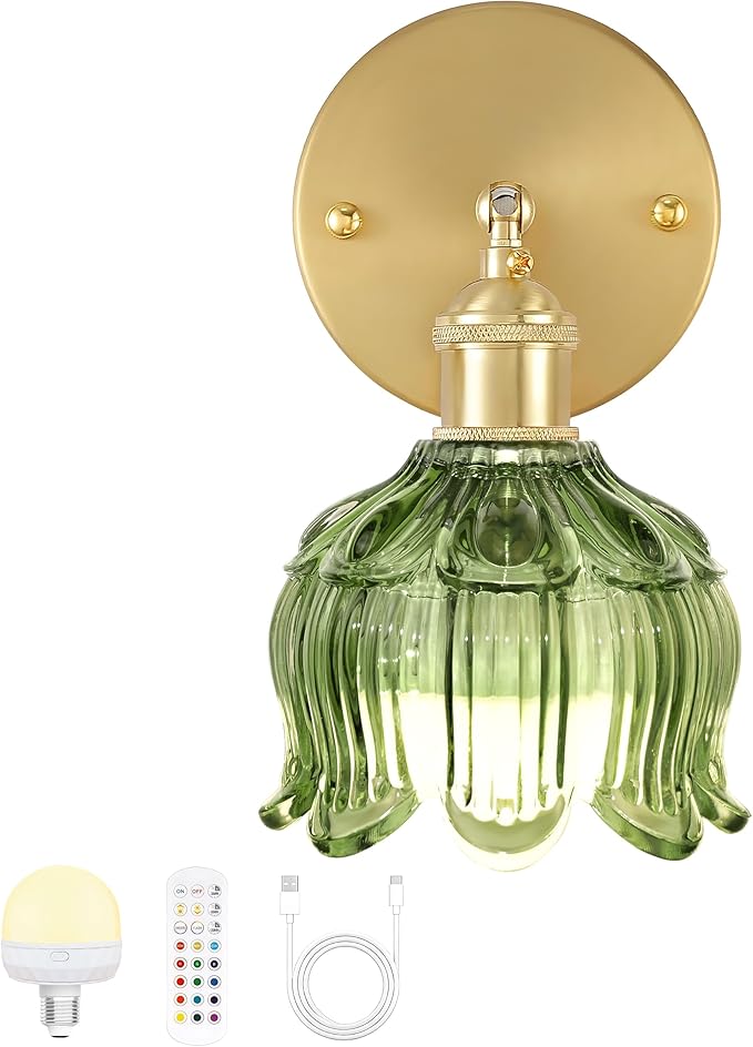 Wireless Wall Sconce with Flower lampshade, Battery Operated Wall Lights,Wall lamp with 15 Colors for Bedroom Living Room Home Decor (Green, 1 Light Battery Operated)