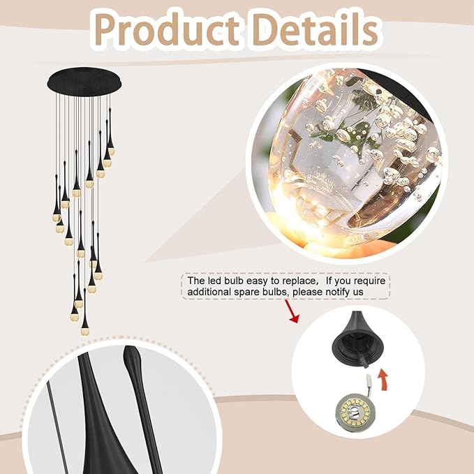 ykolupty H150'' High Ceiling Chandeliers for Entryway 36-Lights Black Spiral Crystal Chandelier Modern Raindrop Chandeliers for Villa Staircase,Hanging Light Fixtures for High Ceiling