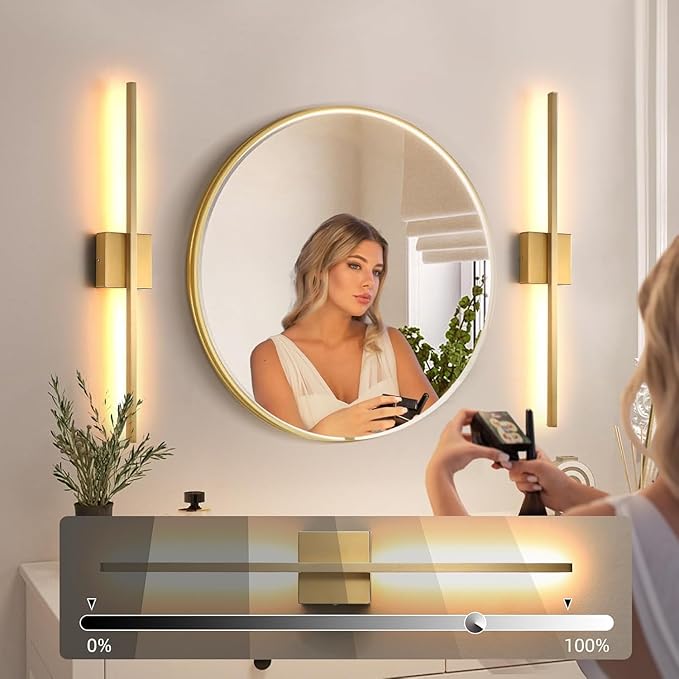 Wall Sconces Set of Two, LED Dimmable Sconces Wall Lighting, Brushed Gold Modern Wall Sconce Light for Bathroom, Living Room, Bedroom, Hardwi